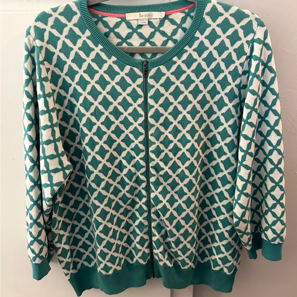 Boden women’s sz 18 zip front sweater cardigan teal & off white